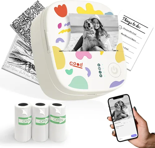 Vista 11 de Mini impresora portátil de calcomanías, mini impresora térmica con 3 rollos de papel, cápsulas de impresión sin tinta Bluetooth, etiquetadora