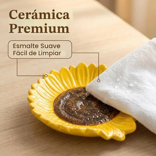 Vista 4 de Soporte de cuchara de cerámica en forma de girasol - 2 piezas para estufa y mostrador