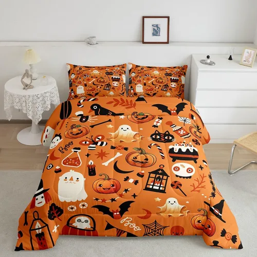 Vista 2 de Erosebridal Ropa de cama de Halloween para niños y niñas, juego de edredón espeluznante de dibujos animados, tamaño individual, relleno de edredón