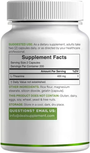 Vista 6 de L-teanina 400 mg, 400 cápsulas – Suplemento de teanina extra fuerte – Aminoácidos para apoyo de concentración y relajación – Sin OMG y sin gluten