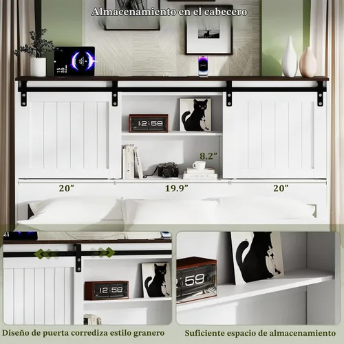 Vista 6 de Marco de cama tamaño Queen con cabecera de almacenamiento, luces de lectura, color blanco Blanco antiguo