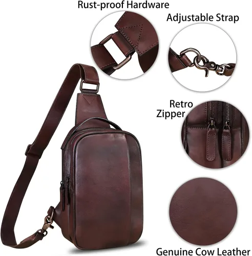 Vista 6 de LRTO Bolso de cuero genuino para hombres y mujeres, mochila bandolera de cuero real para el pecho, bolso cruzado, Café, Mochilas Sling