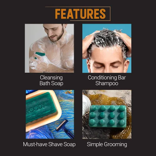 Vista 4 de Woody's Barra hidratante 3 en 1 para hombres, para cabello, afeitado y cuerpo, jabón en barra de masaje multiusos, masaje suave, añade humedad