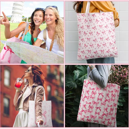 Vista 6 de 9 bolsas de lona con lazo rosa coquette para fiesta, recuerdo, regalo de comestibles, bolsa de compras para regalos de viaje