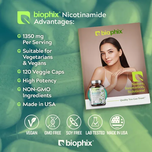 Vista 5 de biophix Pantotenato de nicotinamida B-3 1350 mg 120 Vcaps - Clear Skin Series B5 Ácido pantoténico Natural Flush-Free Nicotinic Amide Niacina