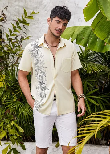 Vista 2 de COOFANDY 2024 Hawaiian Shirts for Men Short Sleeve Button Up Tropical Summer Beach Shirt with Pocket