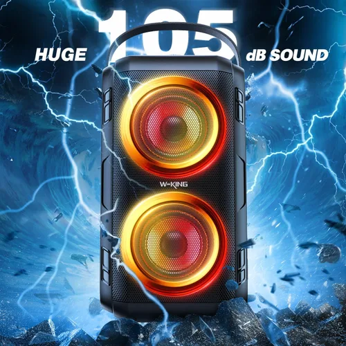 Vista 4 de W-KING Altavoz Bluetooth de 80 W con micrófono inalámbrico, altavoz Bluetooth portátil para fiesta, 2 controladores de rango completo/graves