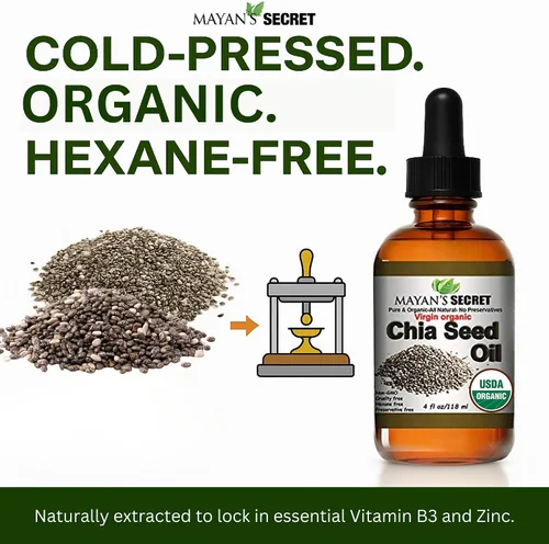 Vista 4 de Mayan's Secret Aceite de semilla de chía, certificado orgánico virgen por USDA, 100% puro y natural, virgen prensado en frío, sin refinar en botella