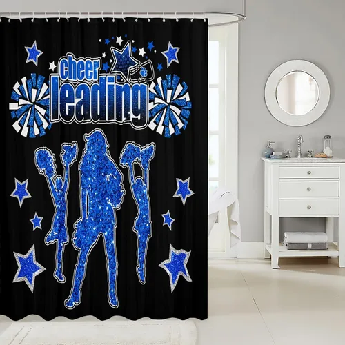 Vista 2 de Cortina de ducha de animadoras, cortina impermeable con purpurina azul vaquero para adolescentes y mujeres, cortina de baño de equipo animador
