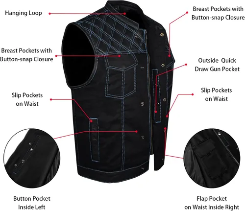 Vista 4 de GARGOYLE BELLS Chaleco de moto de mezclilla y cuero para hombre con bolsillos para pistola SOA Biker Club Chaleco con acolchado de diamante