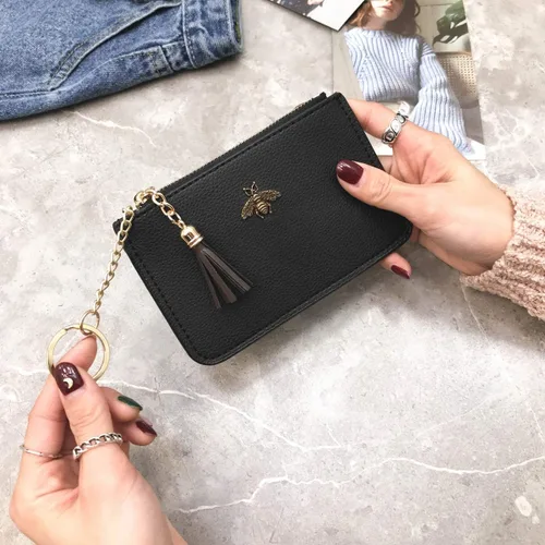Vista 2 de Monedero de cuero para mujer con llavero, cartera de cambio, tarjetero con borla y cremallera, Negro, Pequeño, Minimalista