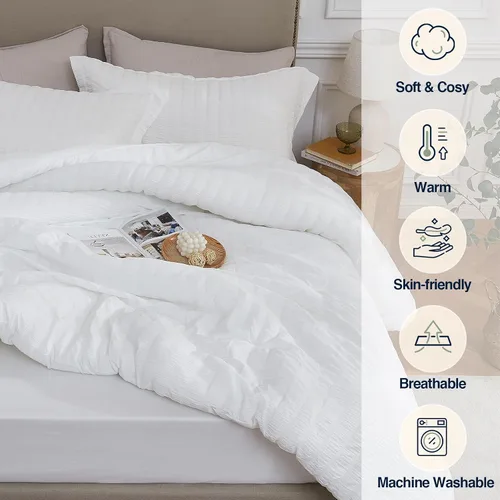 Vista 7 de Quataly - Juego de edredón Seersucker tamaño Twin/Twin XL en color blanco; juego de cama de 2 piezas que incluye 1 edredón suave y esponjoso y 1