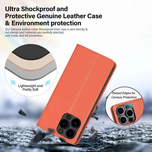 Vista 3 de Utook Funda compatible con iPhone 14 Pro Max, funda magnética de cuero genuino con tapa para teléfono celular con tarjeta de crédito RFID bloqueo a