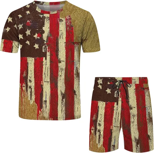 Vista 4 de Traje deportivo casual para hombre, diseño de bandera estadounidense, 2 piezas, conjunto de chándal para el 4 de julio, conjunto de camiseta