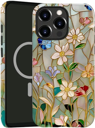 Vista 11 de Funda compatible con iPhone 13, compatible con MagSafe, funda híbrida de 2 capas con prevención de caídas brillante para niñas y niños, arte floral