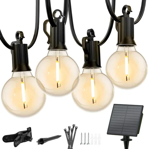 Vista 13 de Minetom Tira de luces solares de 34 pies para exteriores con control remoto, luces de patio con 10 bombillas LED inastillables y ganchos, enchufe