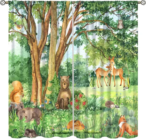Vista 30 de YCness Cortinas para niños y niñas, diseño de animales de la selva, bosque de otoño, dibujos animados, ciervos, conejos, zorros, búhos, cortinas