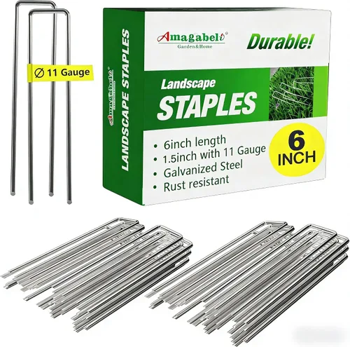 Vista 10 de AMAGABELI GARDEN & HOME Paquete de 50 grapas galvanizadas de 4 pulgadas para jardín, estacas de jardín de calibre 12, estacas de cubierta