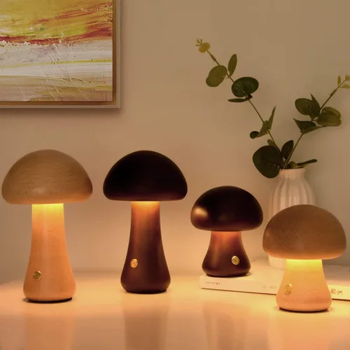 Vista 2 de Lámpara única pequeña de madera con forma de hongos, decoración de setas, lámpara de noche, lámpara de hongo recargable para decoración del hogar