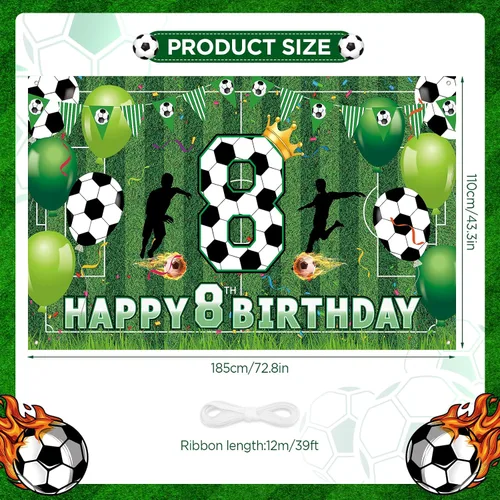 Vista 2 de Decoraciones de fiesta de 8 cumpleaños de fútbol – Cartel de feliz cumpleaños para niños, niños, adolescentes – Suministros grandes para fiestas