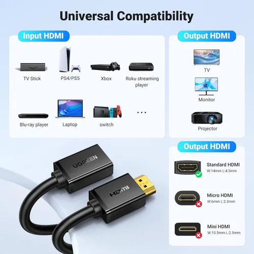 Vista 5 de UGREEN Cable de extensión HDMI 4K, extensor HDMI de 1.5 pies macho a hembra, cable adaptador compatible con Roku TV Stick PS5 PS4 Xbox Laptop PC