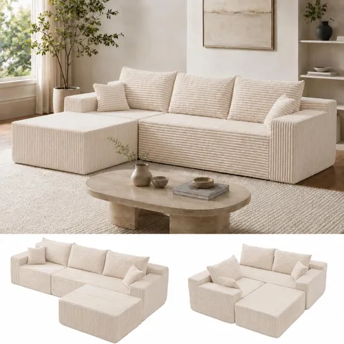 Vista 11 de Sofá modular modular en forma de L de 115 pulgadas con diván, sofá deshuesado con asiento profundo y otomana extraíble, cómodo sofá nube de pana