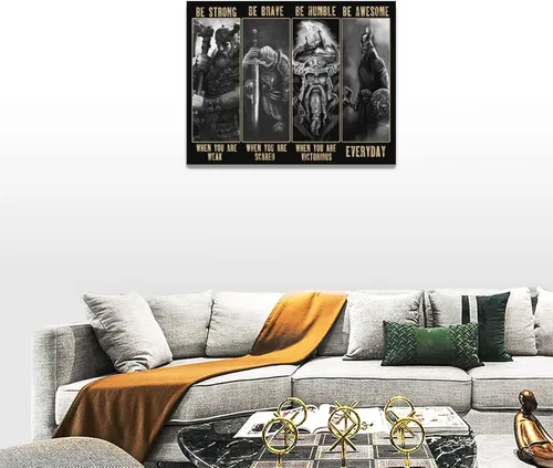 Vista 3 de Arte de pared de guerrero vikingo, cuadro de samurái vikingo, decoración de pared, citas inspiradoras "Sé fuerte", impresiones de pintura en lienzo