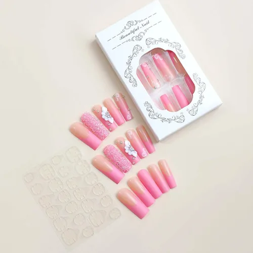 Vista 58 de Uñas postizas francesas a presión, uñas postizas largas de acrílico con forma de ataúd de cobertura completa, uñas postizas de bailarina