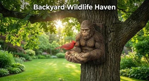 Vista 4 de Bigfoot - Comedero para pájaros de árbol – Sasquatch Big Foot Birdfeeder – Escultura de alimentación de pájaros de invierno estatua de jardín