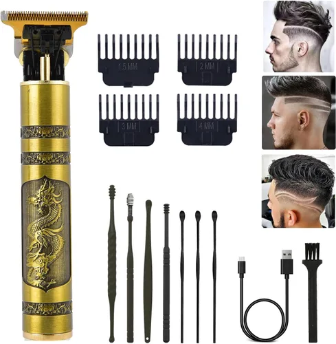 Vista 8 de Cortapelo para hombres, kit profesional recargable inalámbrico dorado con peines guía