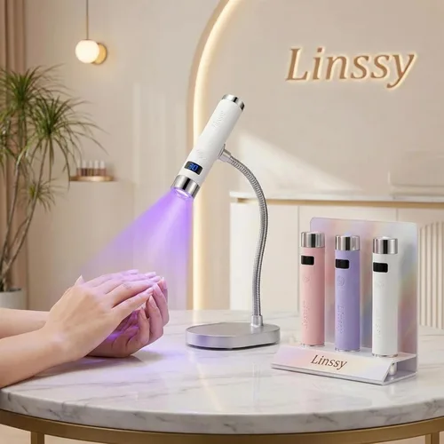 Vista 8 de Linssy Mini Luz UV para Uñas con Sensor Automático y Soporte de Cuello de Cisne, Lámpara de Uñas Inalámbrica Portátil con Pantalla LCD, Luz UV