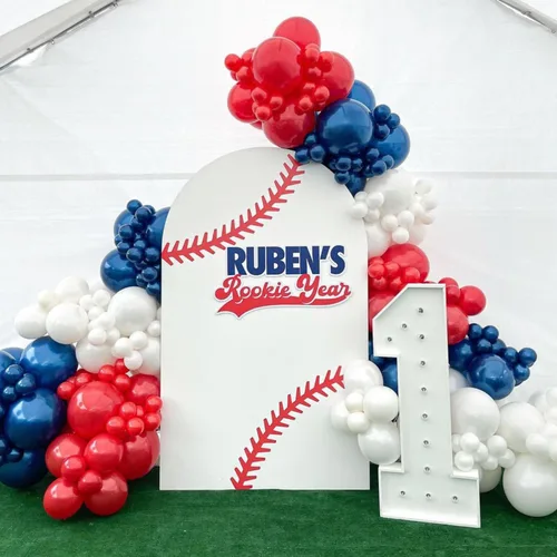 Vista 4 de VitaCraft Kit de arco de guirnalda de globos de béisbol, 136 piezas de arco de globos rojo, blanco y azul marino con guante de béisbol globo