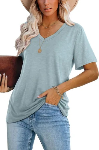 Vista 2 de WIHOLL Remeras casuales de manga corta con cuello en V para mujer