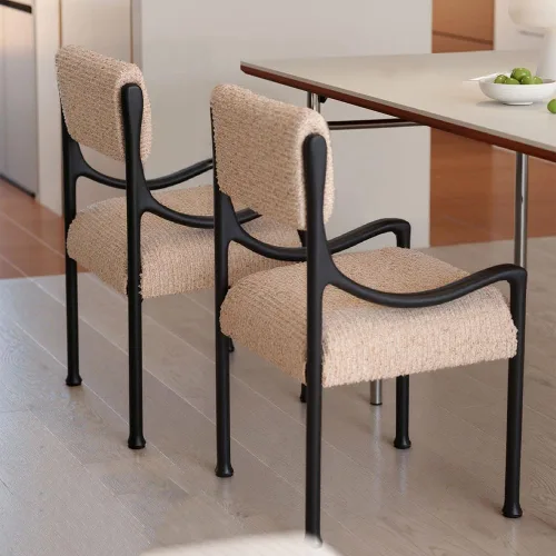 Vista 2 de sillas de comedor Silla de comedor retro de madera con respaldo tapizado y asiento curvos reposabrazos cocina moderna