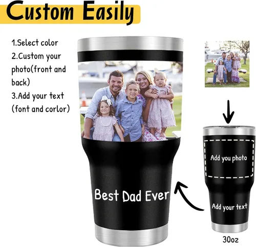 Vista 2 de Vasos personalizados con imágenes, vaso de café de acero inoxidable con foto personalizada de 30 onzas con tapa de texto y pajitas, taza de viaje