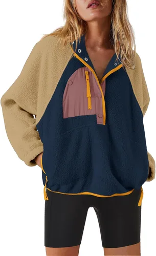 Vista 23 de Nirovien - Chaqueta de forro polar con capucha para mujer, manga larga, sherpa, sudadera mullida, abrigada, con botones y bolsillos Un rosa