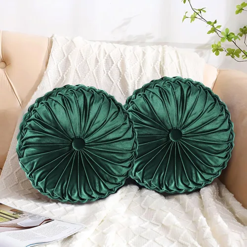 Vista 19 de HIG - Juego de 2 almohadas decorativas plisadas redondas de terciopelo verde manzana