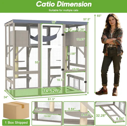 Vista 3 de Gran recinto para gatos Catio para exteriores, patio para gatos con 4 niveles, hamaca para condominio y postes rascadores, techo plano de madera