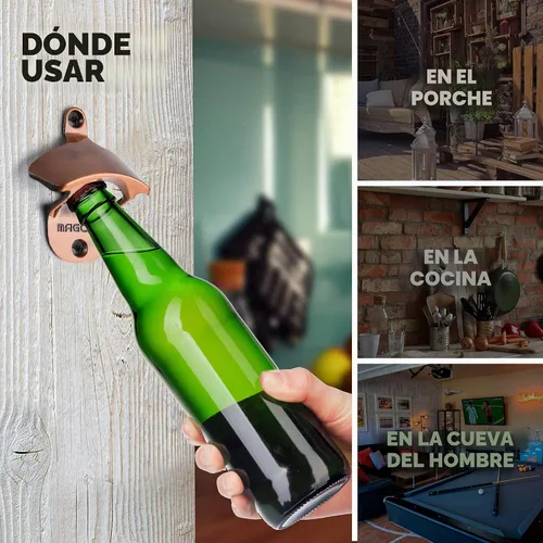Vista 5 de Abrebotellas para exteriores montado en la pared, estilo abridor magnético de botellas de cerveza que atrapa las tapas, fácil de instalar e Cobre