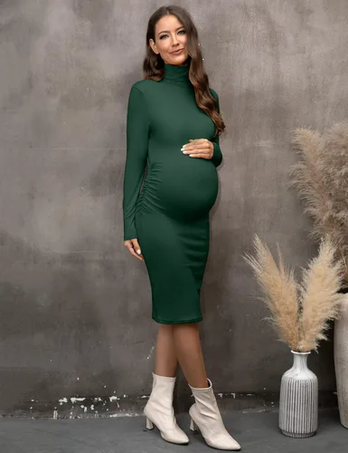 Vista 3 de abkylie Vestido de maternidad de manga larga de cuello alto con fruncido laterallongitud a la rodilla, vestido de embarazo para otoño sesión
