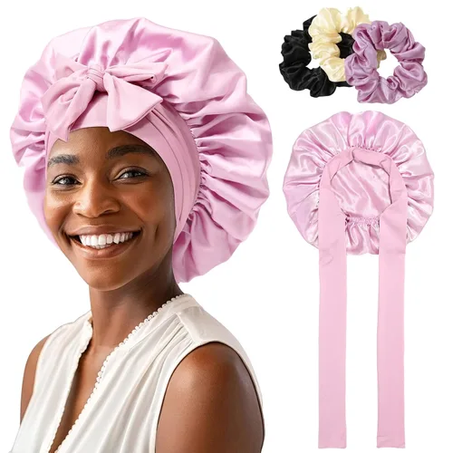 Vista 11 de Gorro de satén para mujer, con banda de amarre para el cabello, para dormir, grande de 2 capas, gorro de dormir de seda para dormir con 3 coleteros