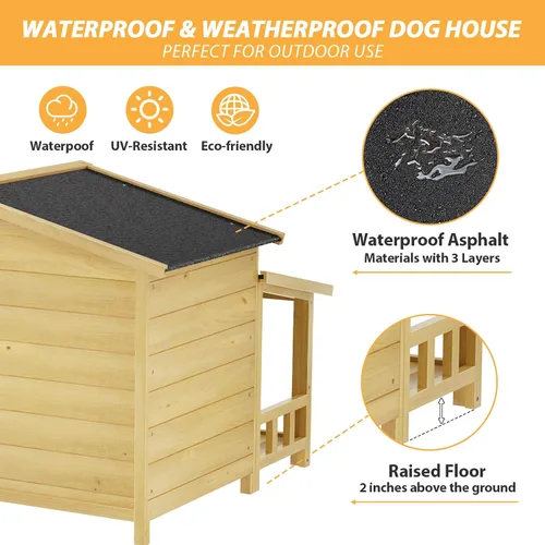 Vista 4 de Ritsu Casa para perros de 47.2 pulgadas, resistente al agua, casa de madera para perros para exteriores e interiores, estilo cabaña de troncos