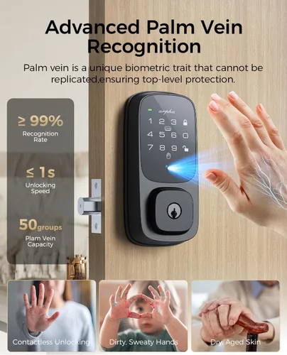 Vista 2 de ARPHA Cerradura de puerta de entrada sin llave, cerrojo de reconocimiento de vena palmar con asa para puerta delantera, WiFi integrado, Amazon