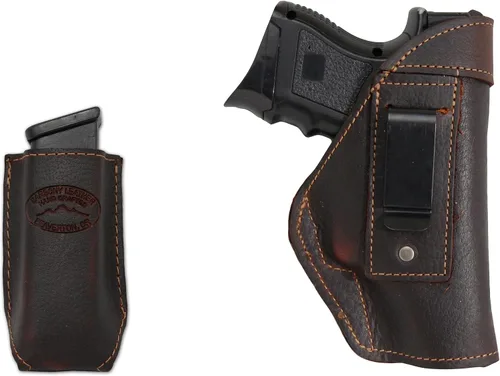 Vista 7 de Barsony Funda IWB de cuero marrón + funda para cargador compacta, subcompacta de 0.354 in, 40 y 45