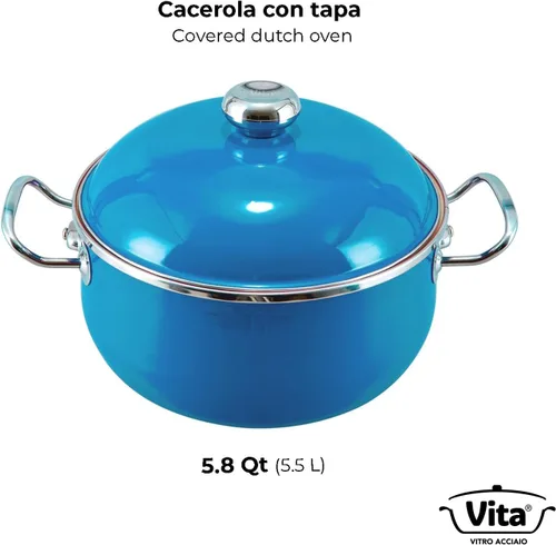 Vista 5 de VITA - Horno holandés de 6 cuartos de galón (azul) con tapa para todas las estufas (esmalte sobre acero), apto para lavavajillas y horno hasta 500