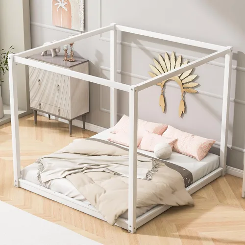 Vista 11 de Cama con dosel de metal, con plataforma de 4 postes de Coner con cabecera entrecruzada y estribo, tamaño Queen