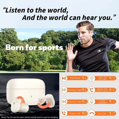 Vista 5 de TOPAUX Auriculares inalámbricos de oreja abierta con clip seguro Auriculares deportivos blancos Conducción ósea ligera Auriculares Bluetooth