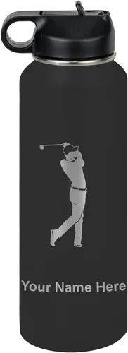 Vista 69 de LaserGram Botella de agua personalizada, golfista de golf, acero inoxidable de doble pared aislada al vacío con popote superior, regalo grabado Negro