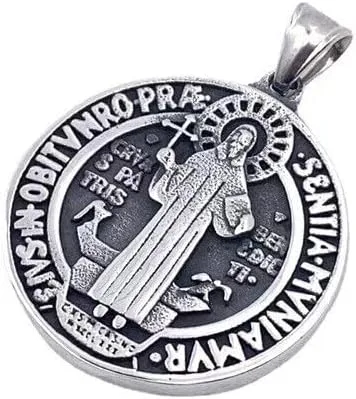 Vista 6 de Zhubobo Collar con medalla de San Benito con colgante de cruz de crucifijo de acero inoxidable, exorcismo, Metal, No es una piedra preciosa