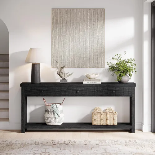 Vista 7 de Tribesigns Mesa consola de sofá de 70.9 pulgadas con 3 cajones, mesa de entrada extra larga con estantes de almacenamiento abiertos, mesa de sofá